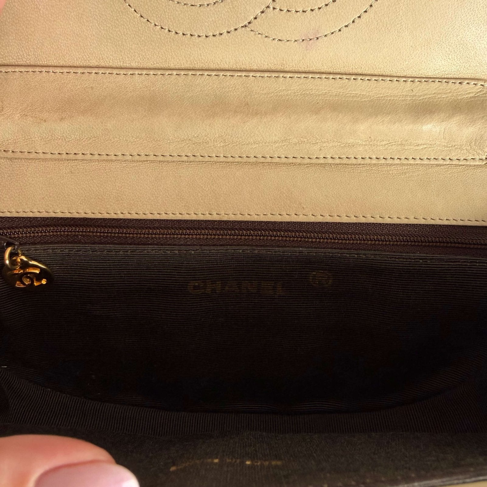 Interior of a vintage Chanel shoulder bag
