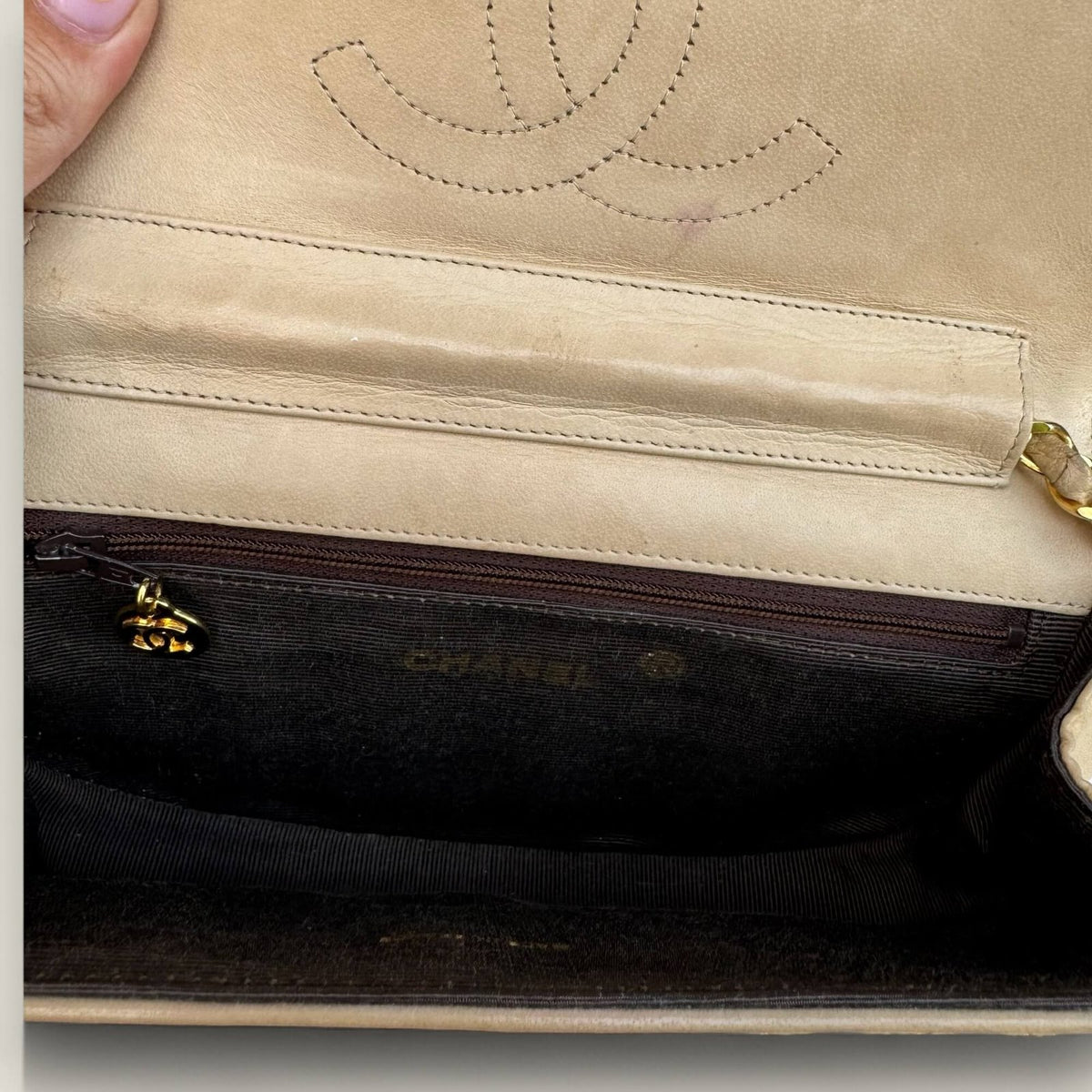 Interior of an original 1980s Chanel shoulder bag