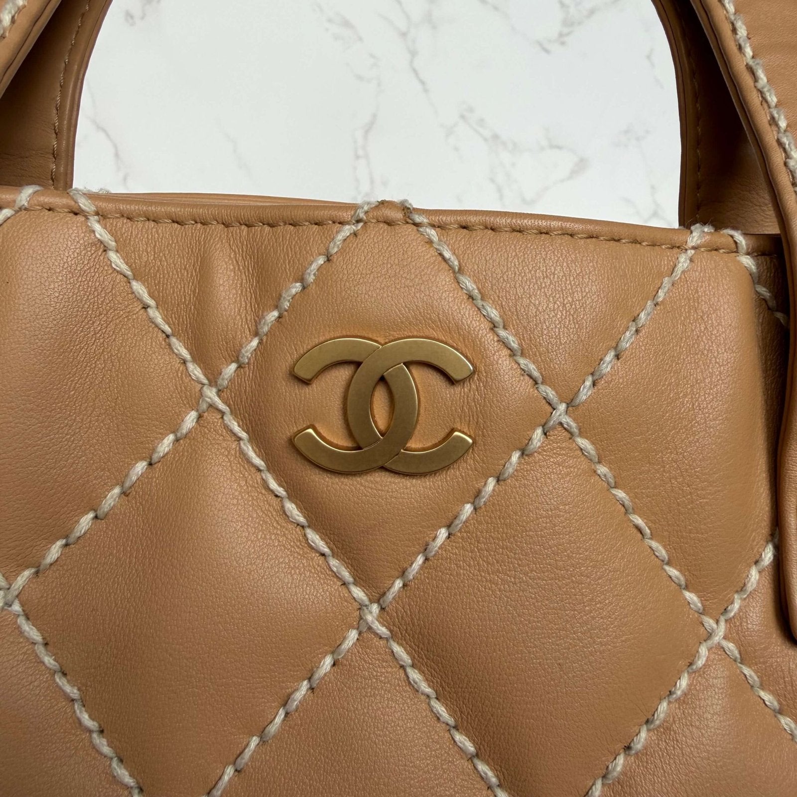 Chanel beige small CC calfskin wild stitch tote hardware gold