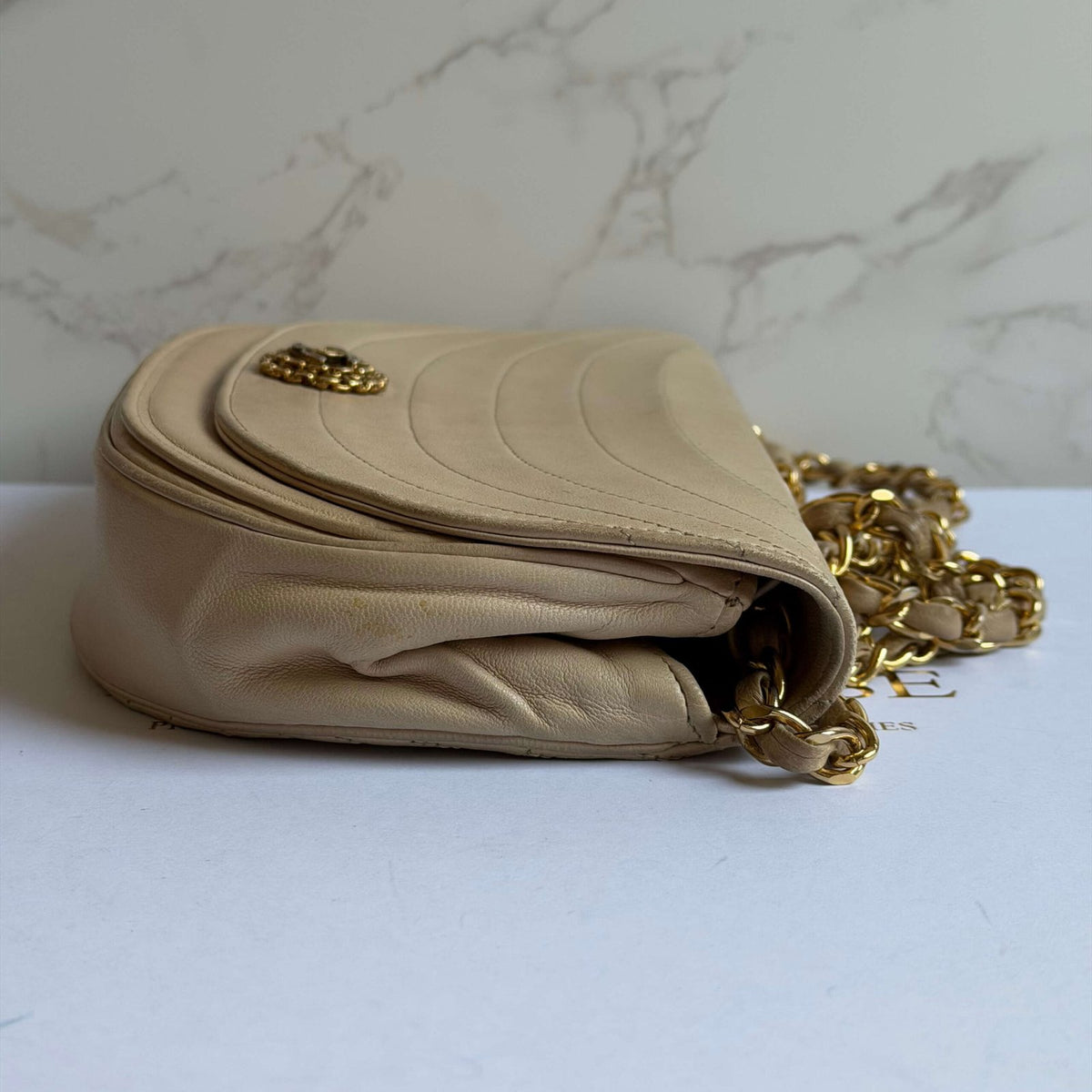 Chanel half moon shoulder bag in beige lambskin<br>