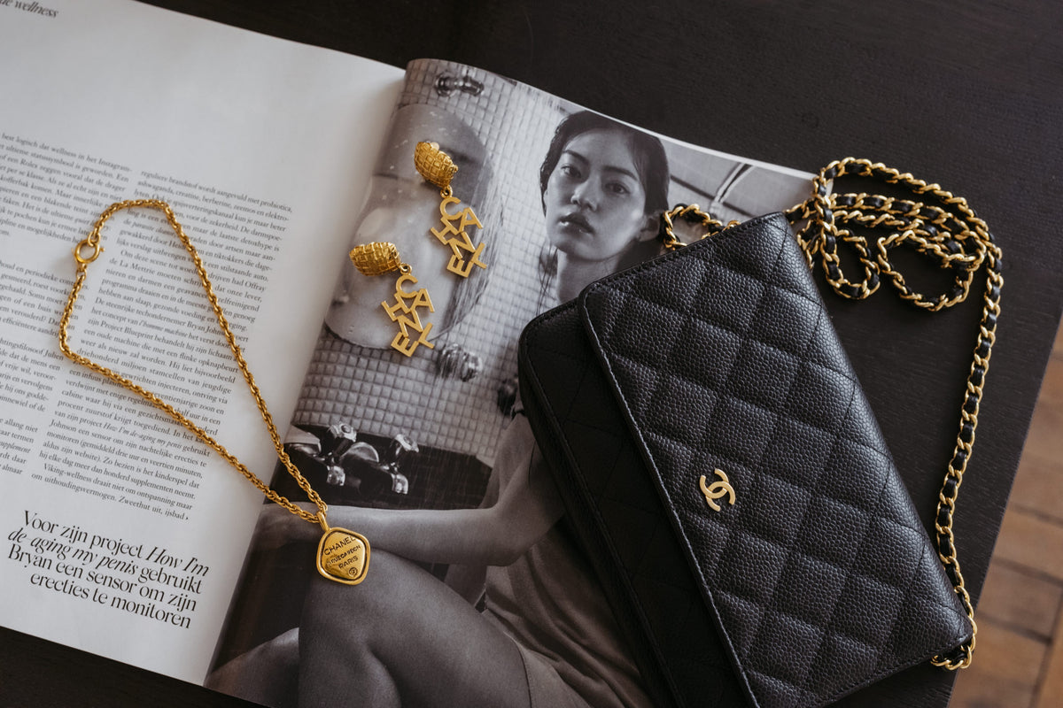 Chanel wallet on chain black caviar leather and vintage Chanel earrings