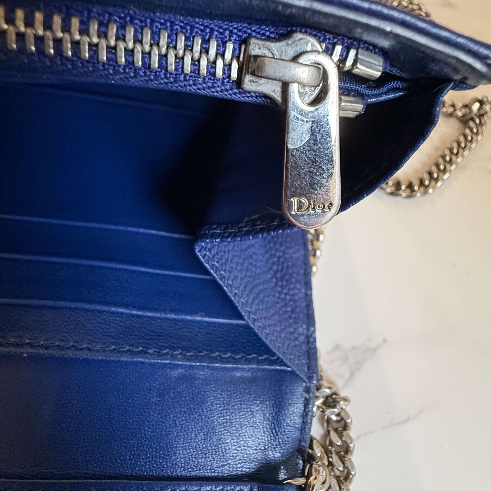 Dior Diorama chain wallet blue leather hardware silver detail