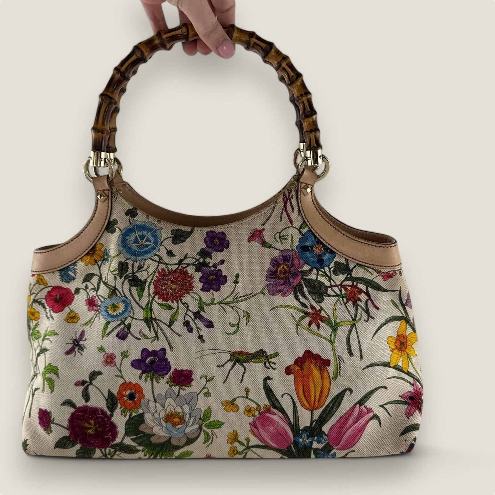 Gucci floral floral print canvas fabric leather handbag