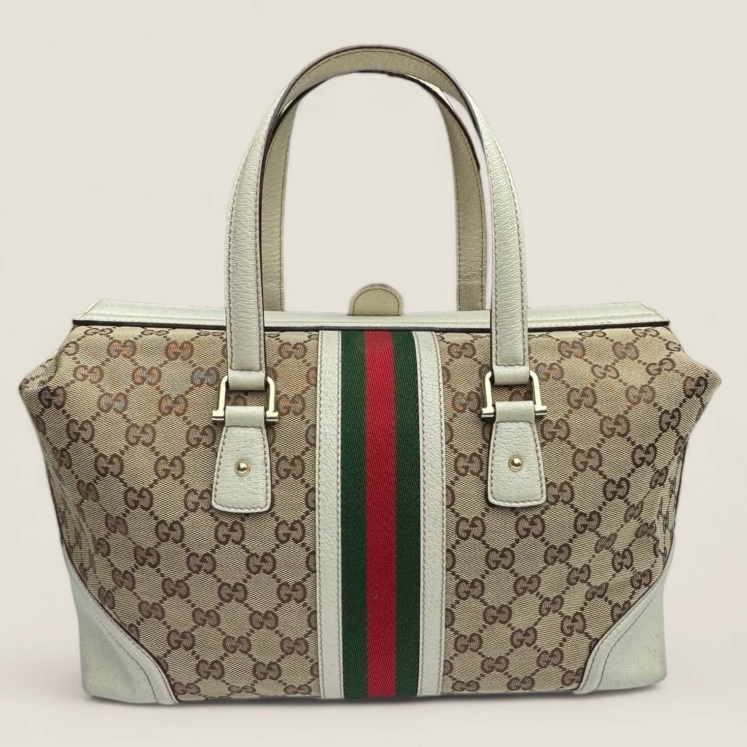 classic pre-loved Gucci Ophida Boston bag beige white monogram