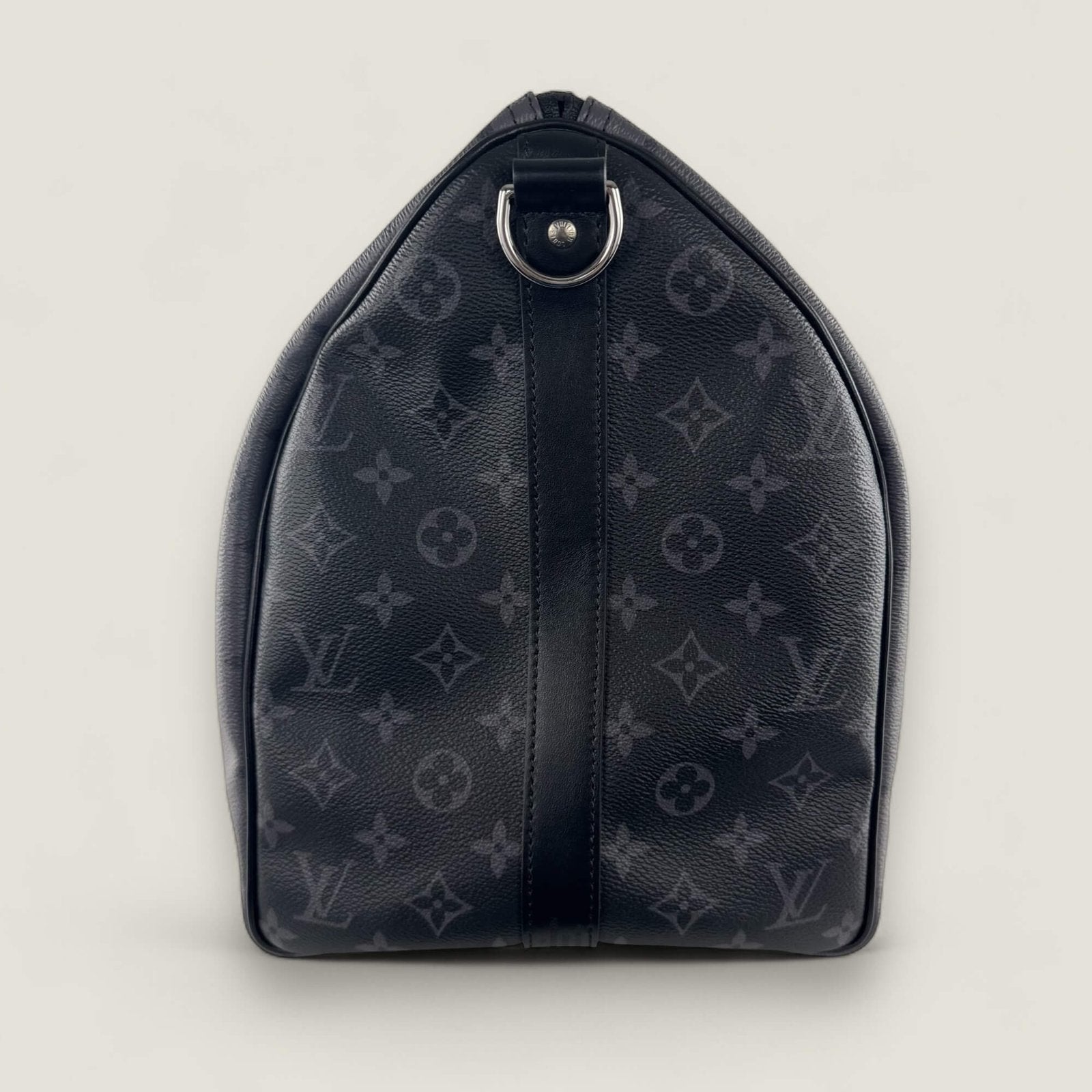 Louis Vuitton Keepall 50 zijkant rechts in grijs canvas