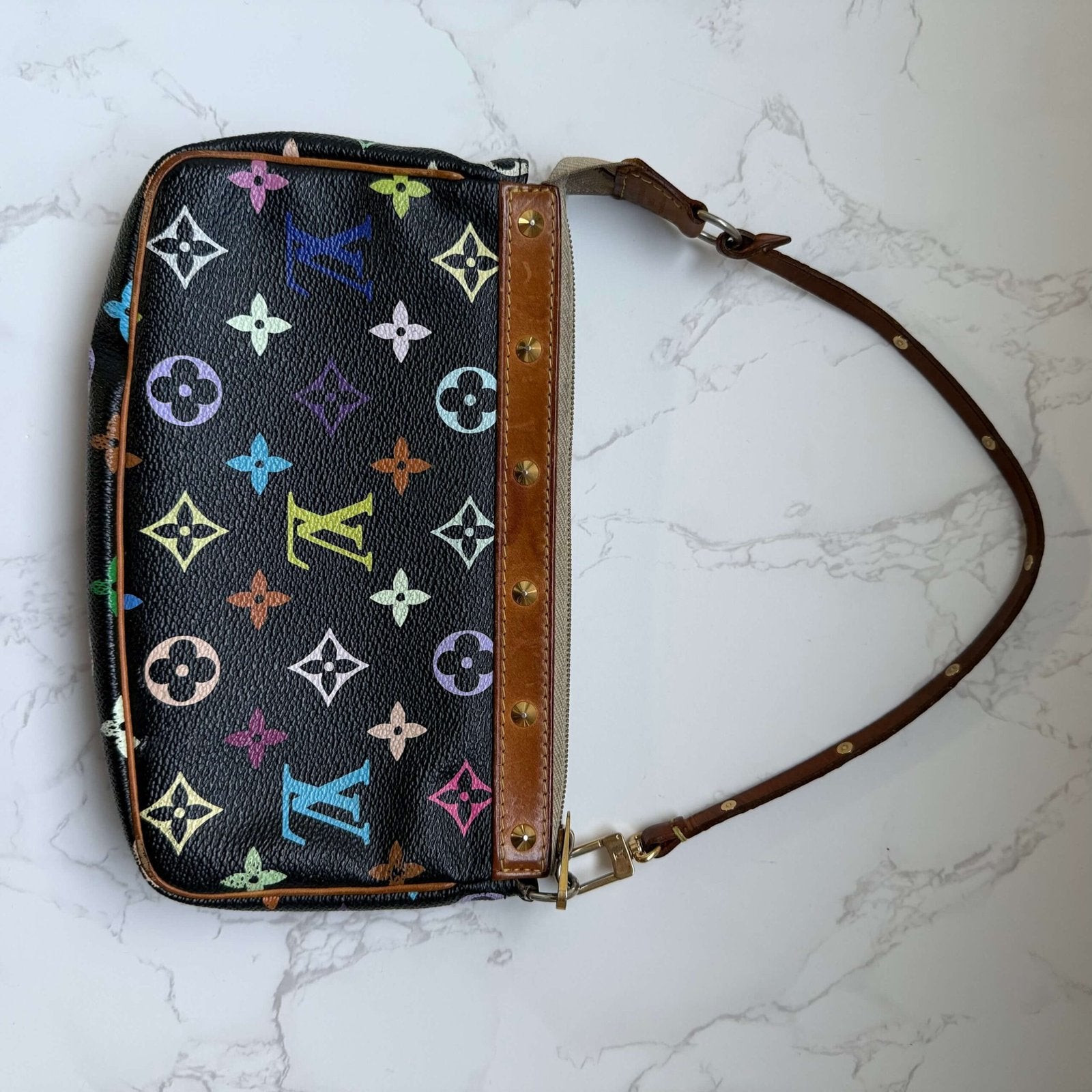 Louis Vuitton multicolor pochette accessories black front view vintage