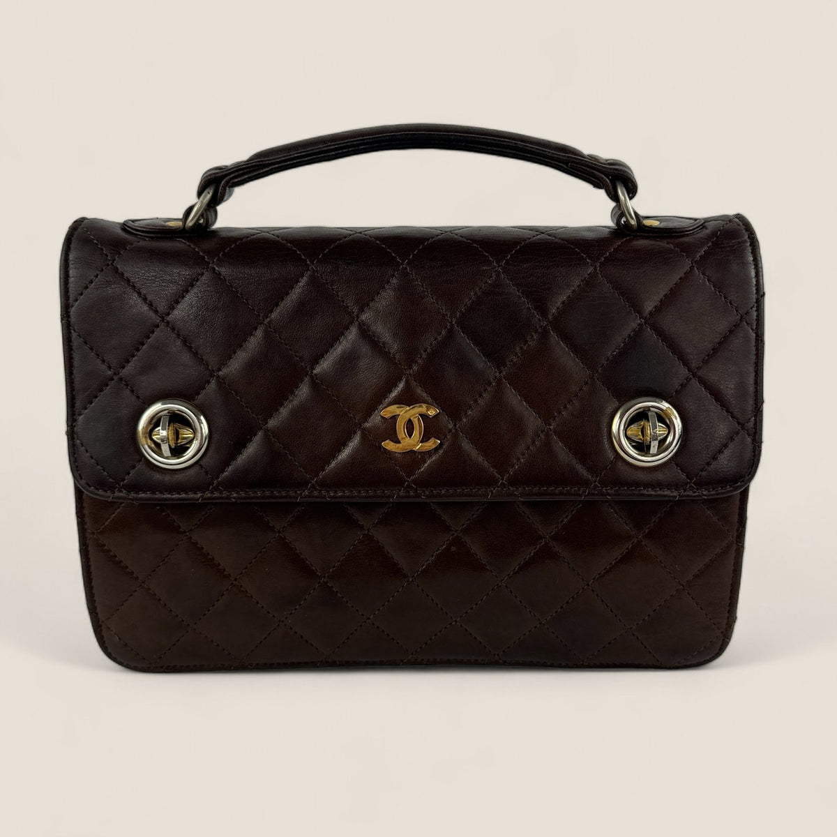 Pre-loved Chanel briefcase with shoulderstrap brown leather vintage rare model