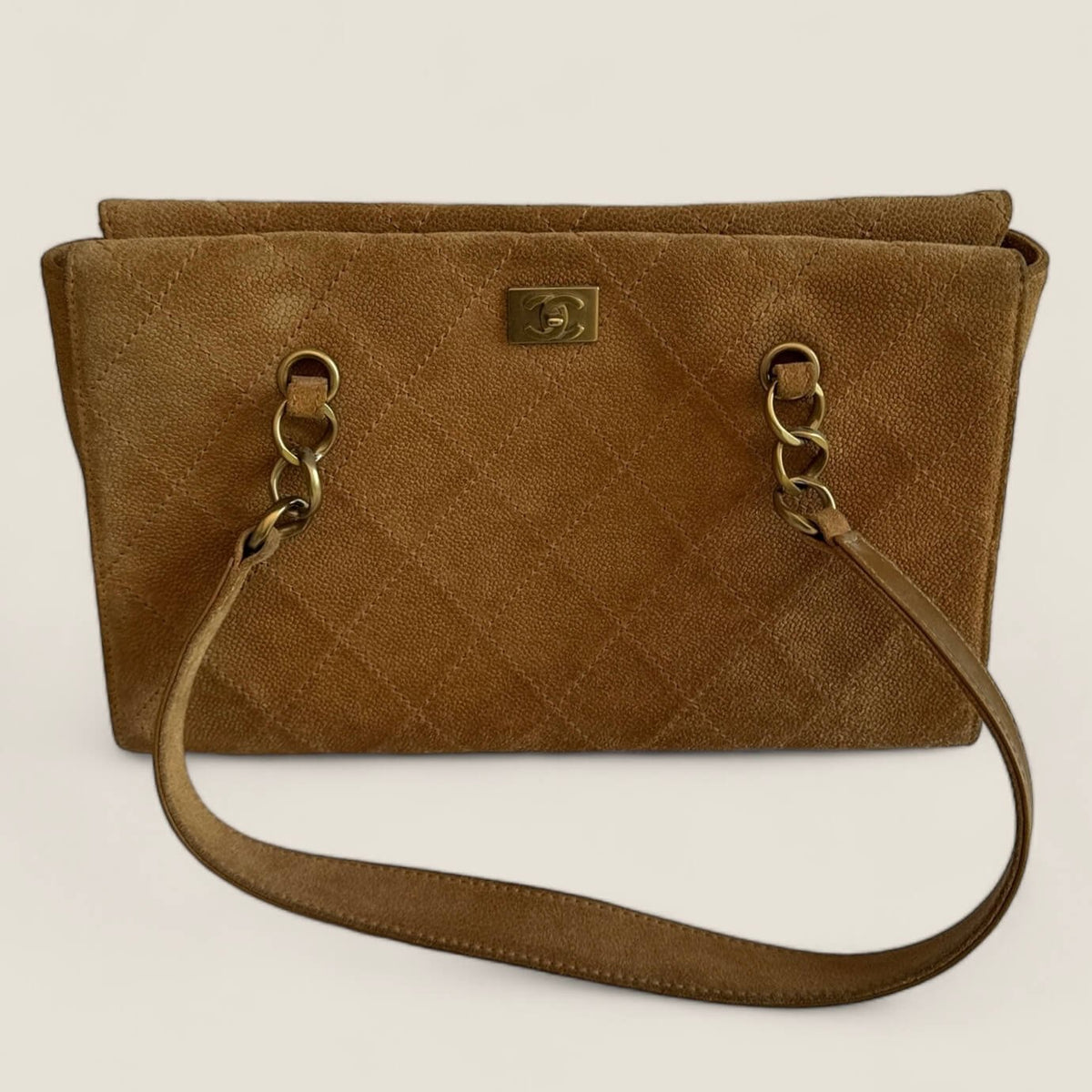Preloved Chanel tote quilted brown suede gold hardware