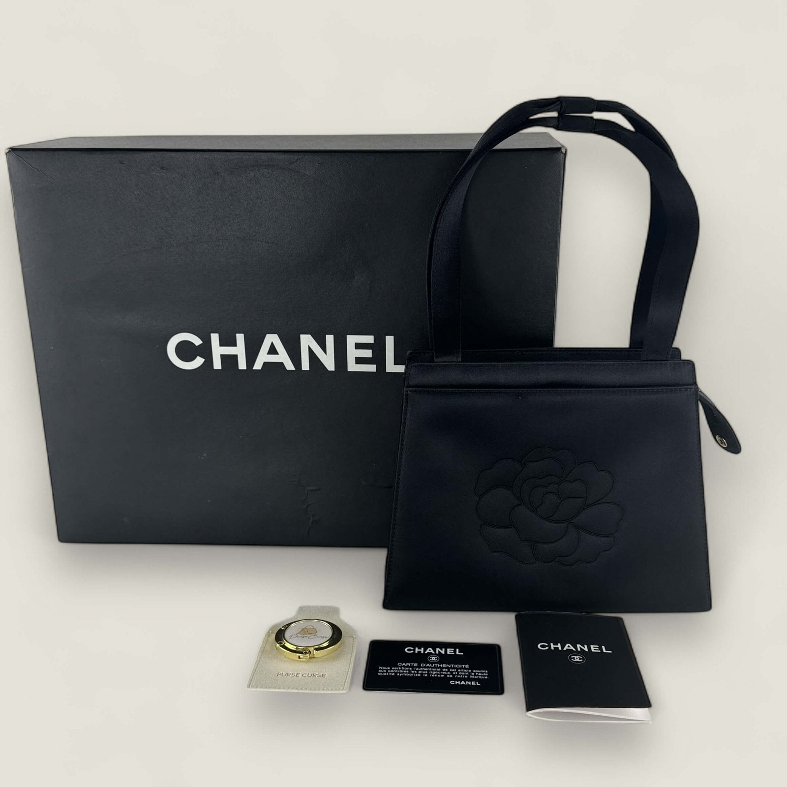 Purse Curse Chanel vintage handbag camellia black satin