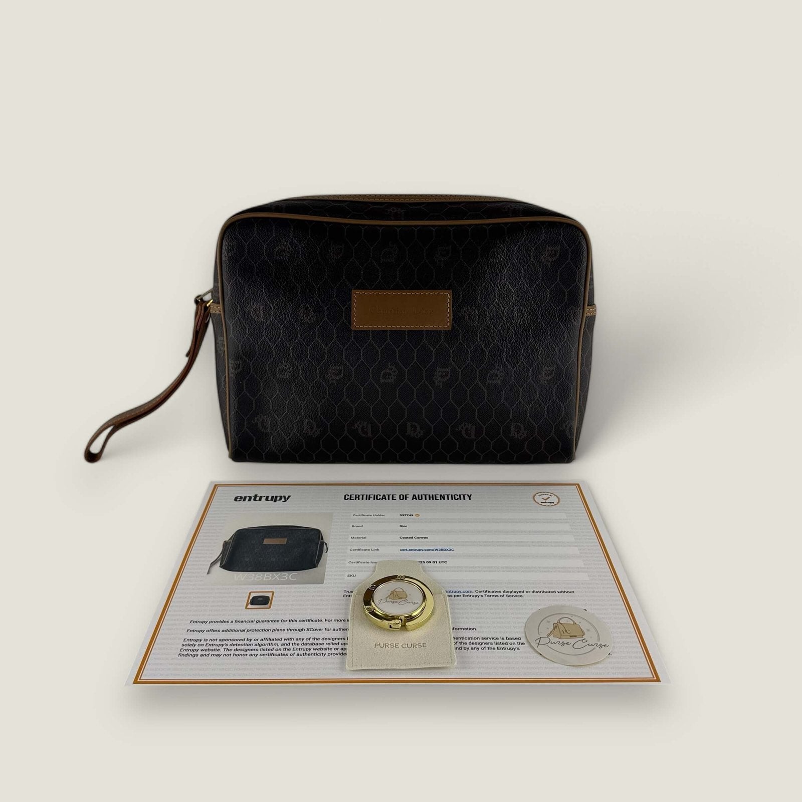 Pre-owned designer Christian Dior honeycomb coated canvas monogram clutch Entrupy certificate