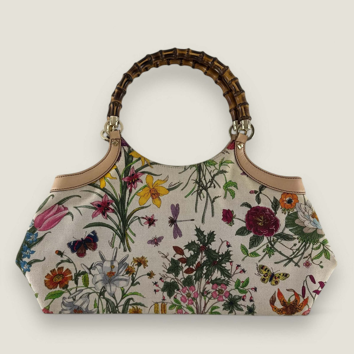 Pre-owned designer Gucci Bamboo floral print handbag.