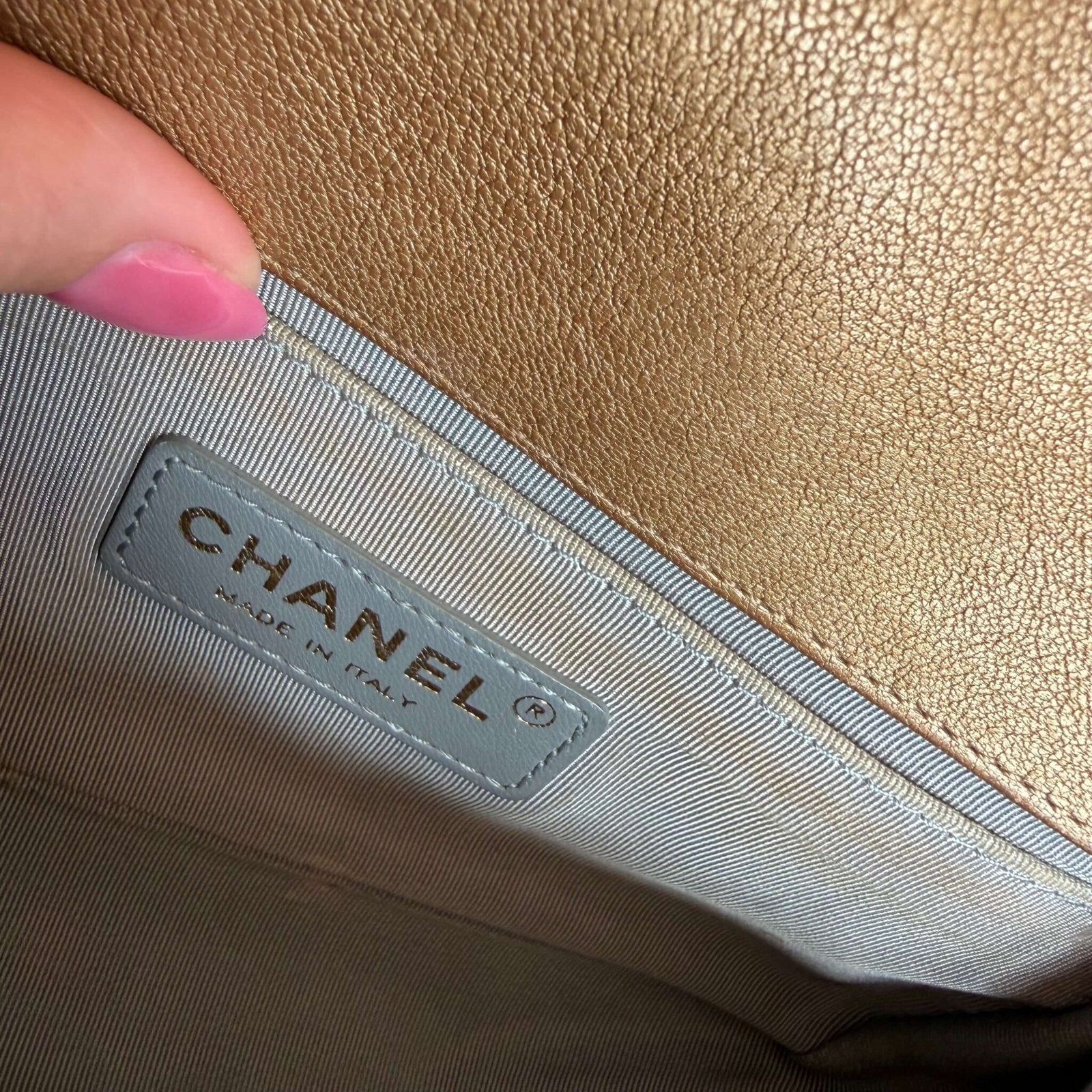 Authentic Chanel small Boy flap bag CC logo metallic