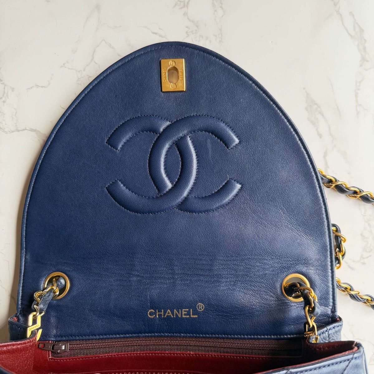 Interior of original blue Chanel flap bag