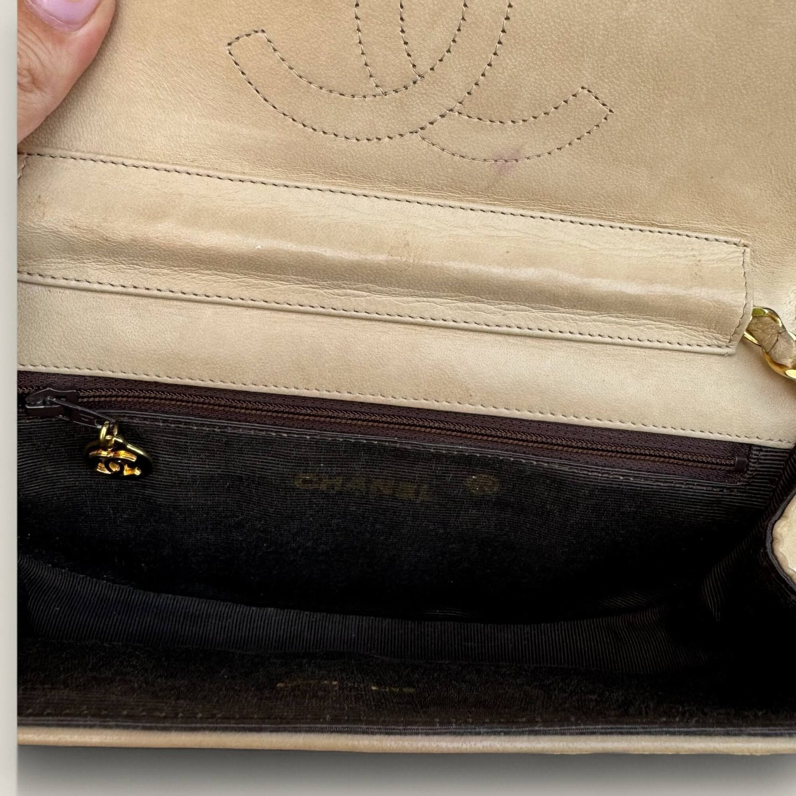 Interior of an original 1980s Chanel shoulder bag