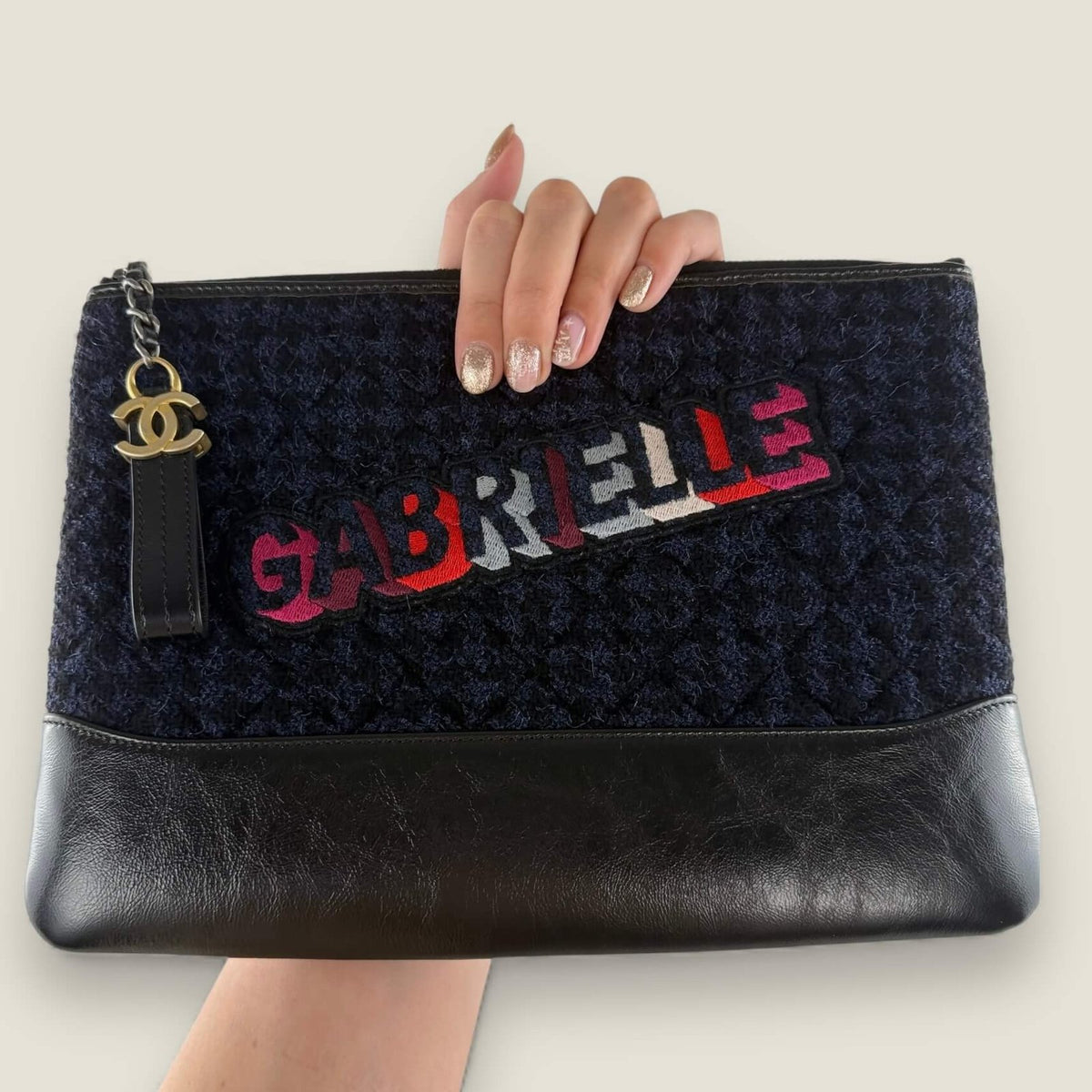 Chanel Gabrielle tweed calfskin clutch front