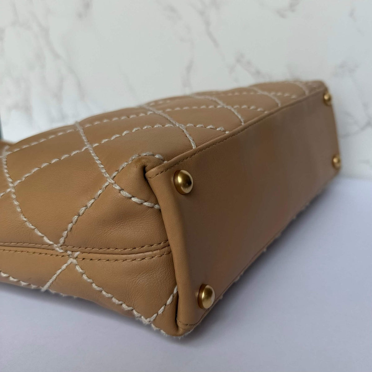 Chanel beige small CC calfskin wild stitch tote corners signs of wear