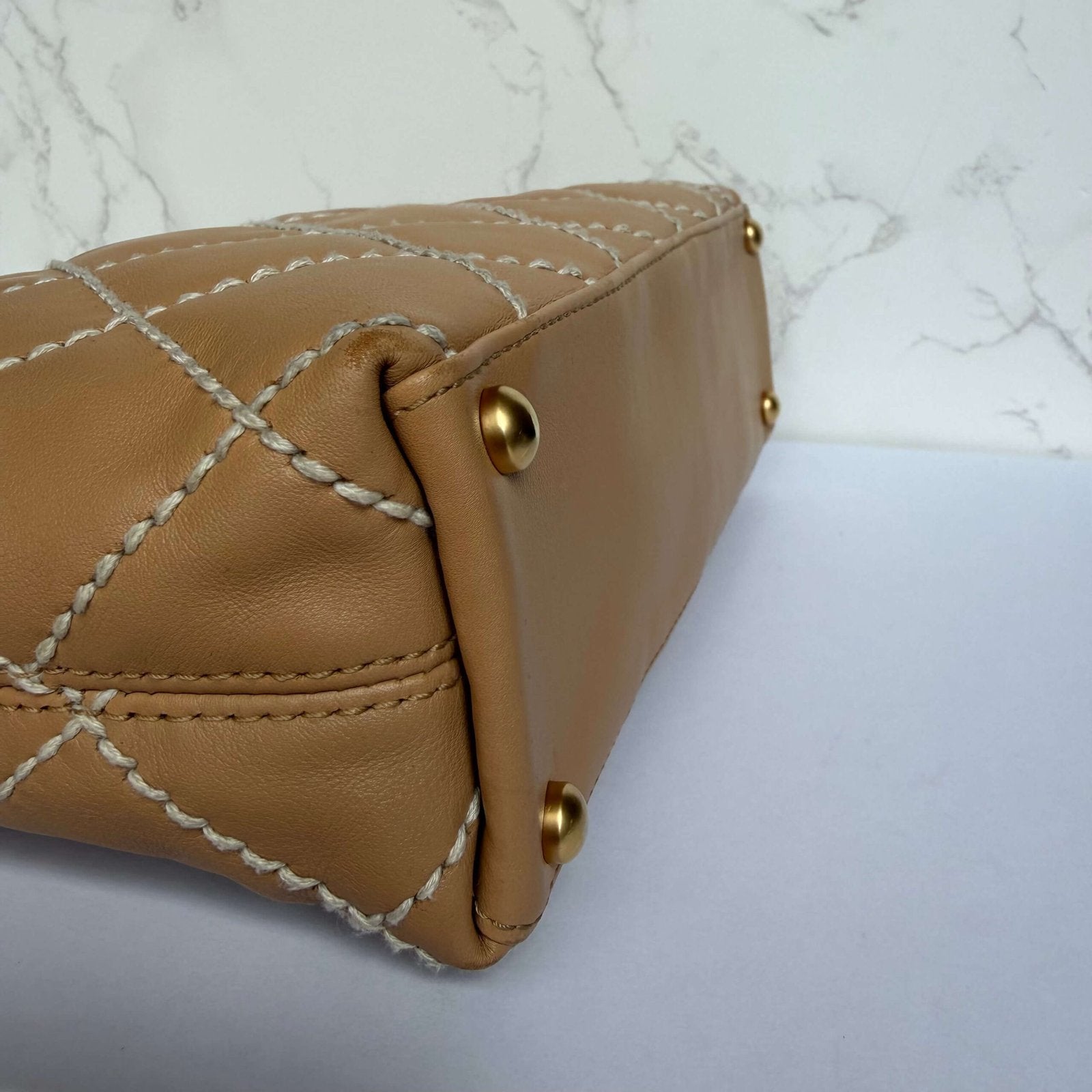 Chanel beige small CC calfskin wild stitch tote corners