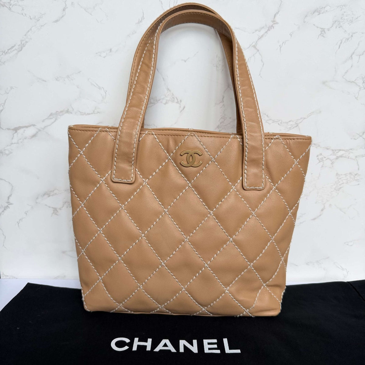 Chanel beige small CC calfskin wild stitch tote with Chanel dustbag