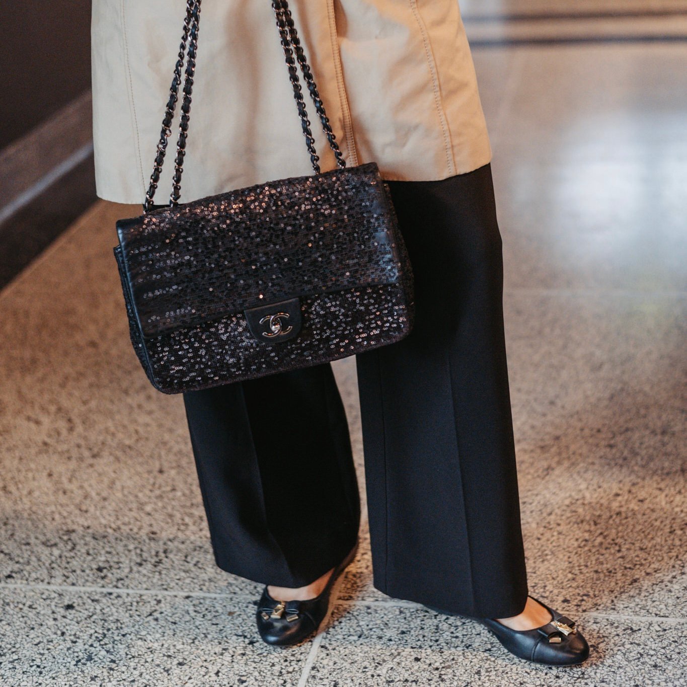 Chanel jumbo black glitter