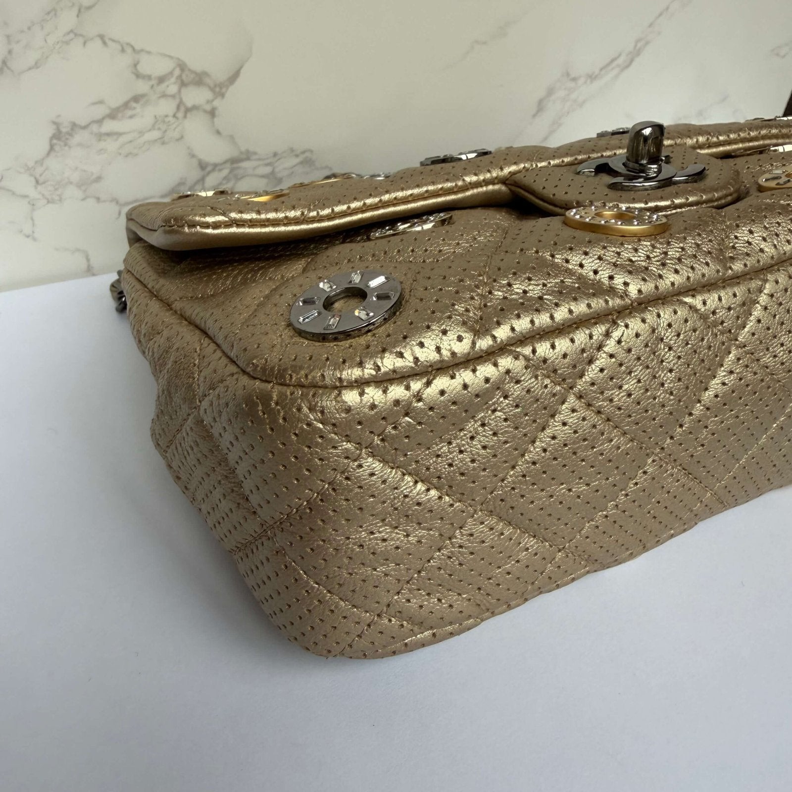 Chanel lambskin metallic gold close-up
