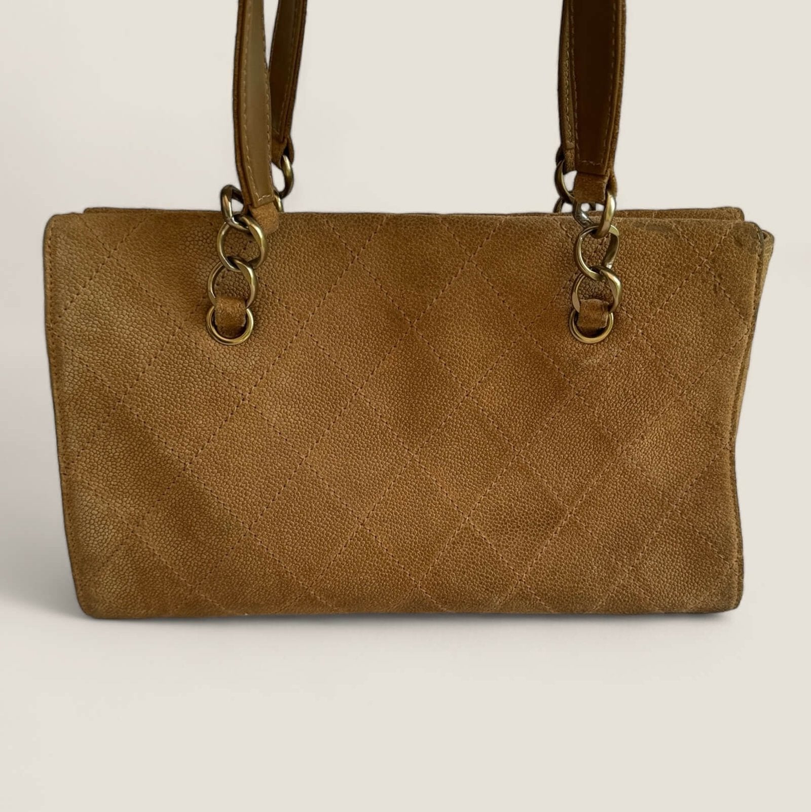 Chanel preloved handbag quilted brown suede gold hardware