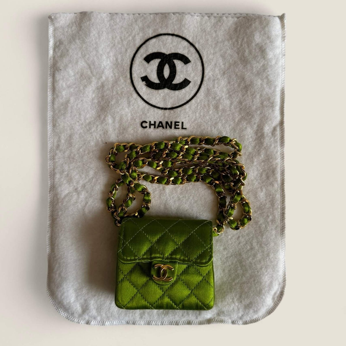 Chanel vintage micro mini shoulder bag chain 1991-1994 green satin