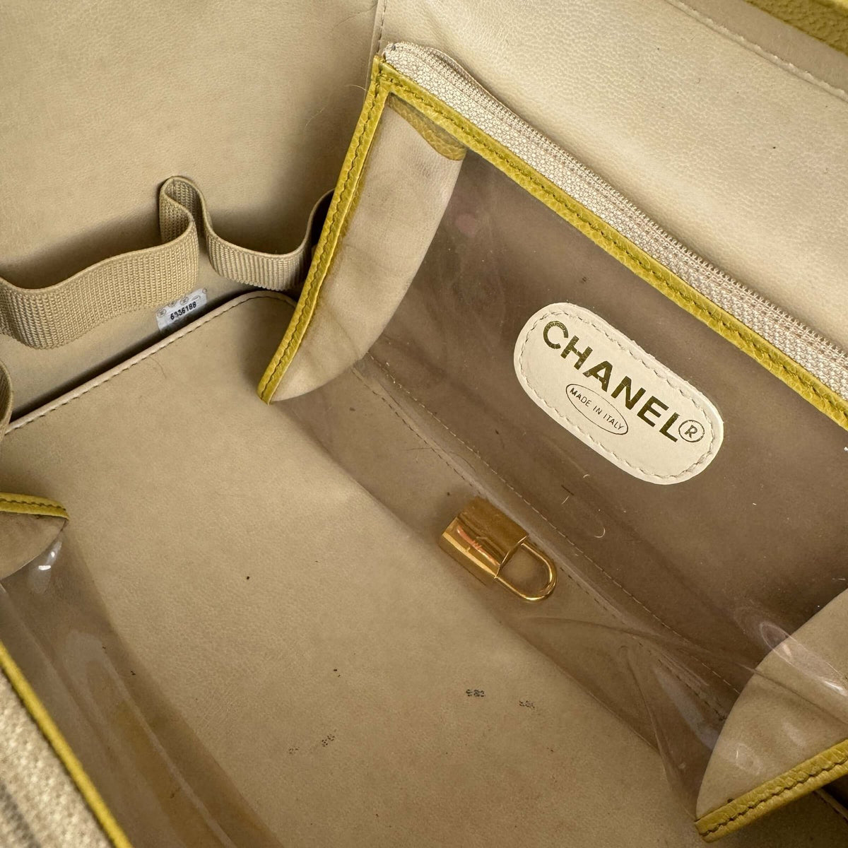 Chanel vintage vanity bag inside yellow