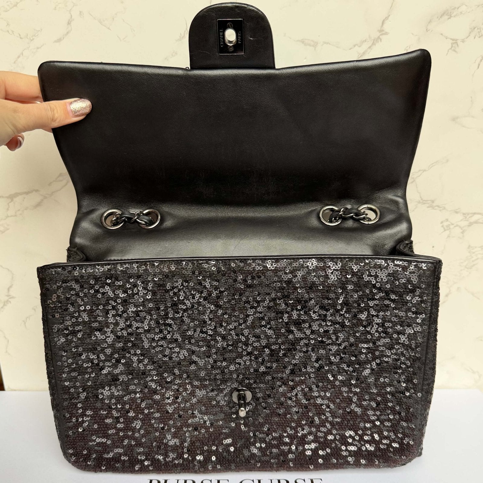 Chanel black sequin designer bag