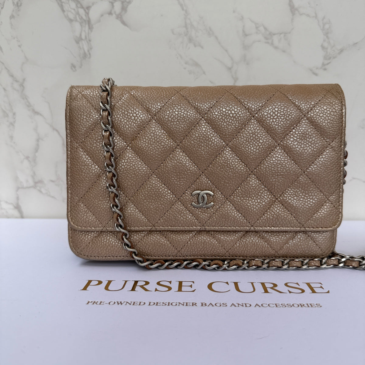 Chanel metallic beige wallet on chain caviar leer