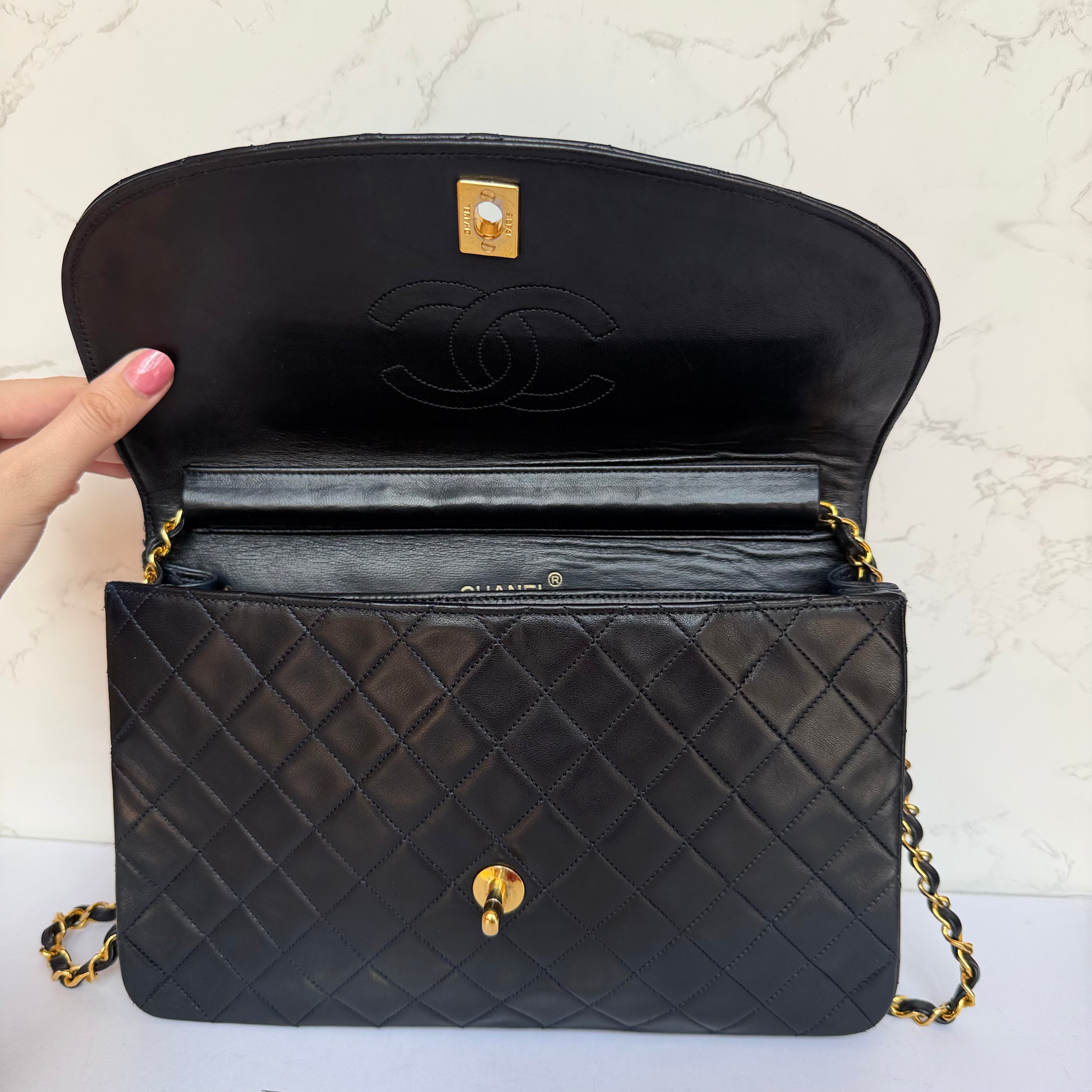 Chanel Vintage Matelassé Navy Lambskin Single Flap