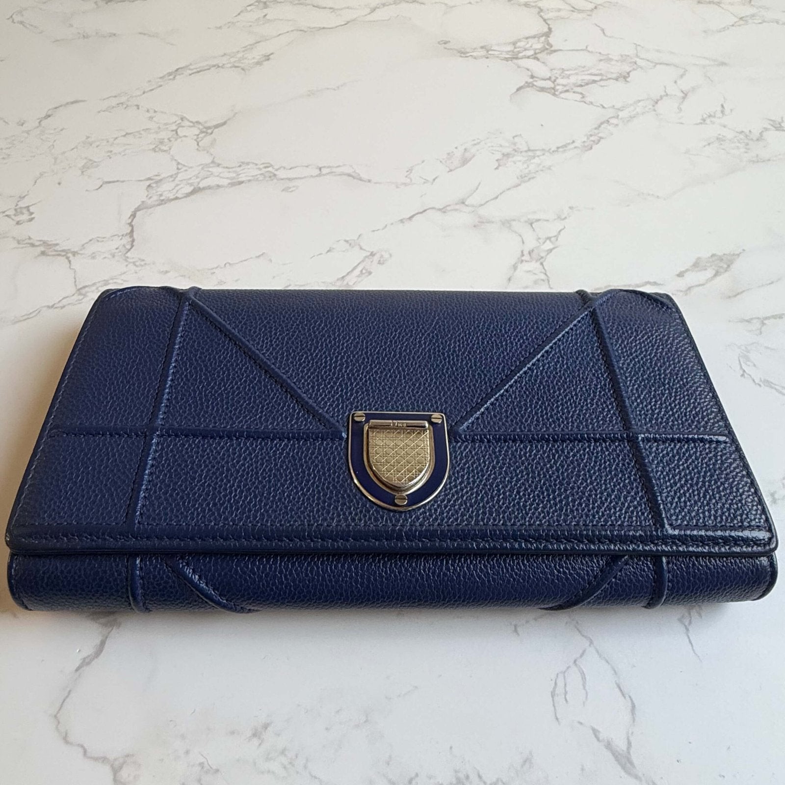 Dior Diorama wallet on chain blue leather close up