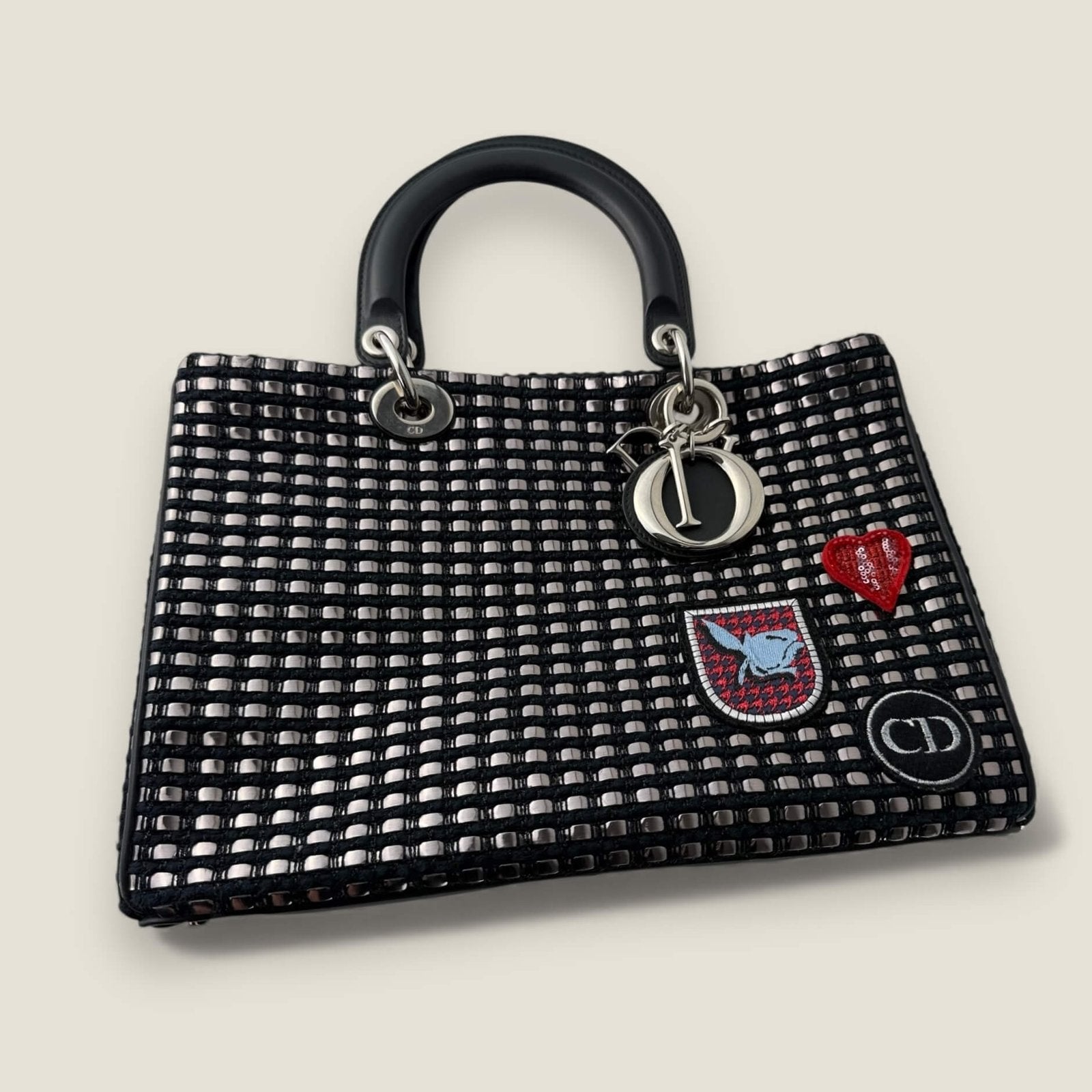 Dior Diorissimo Patch Decorated Metallic Large Black Tweed Tote Bag Shoulder Bag pre-owned