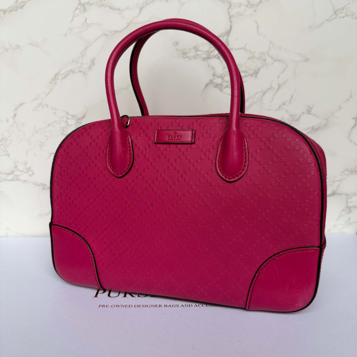 Gucci Diamanté Bright Leather Satchel pink diagonal front view
