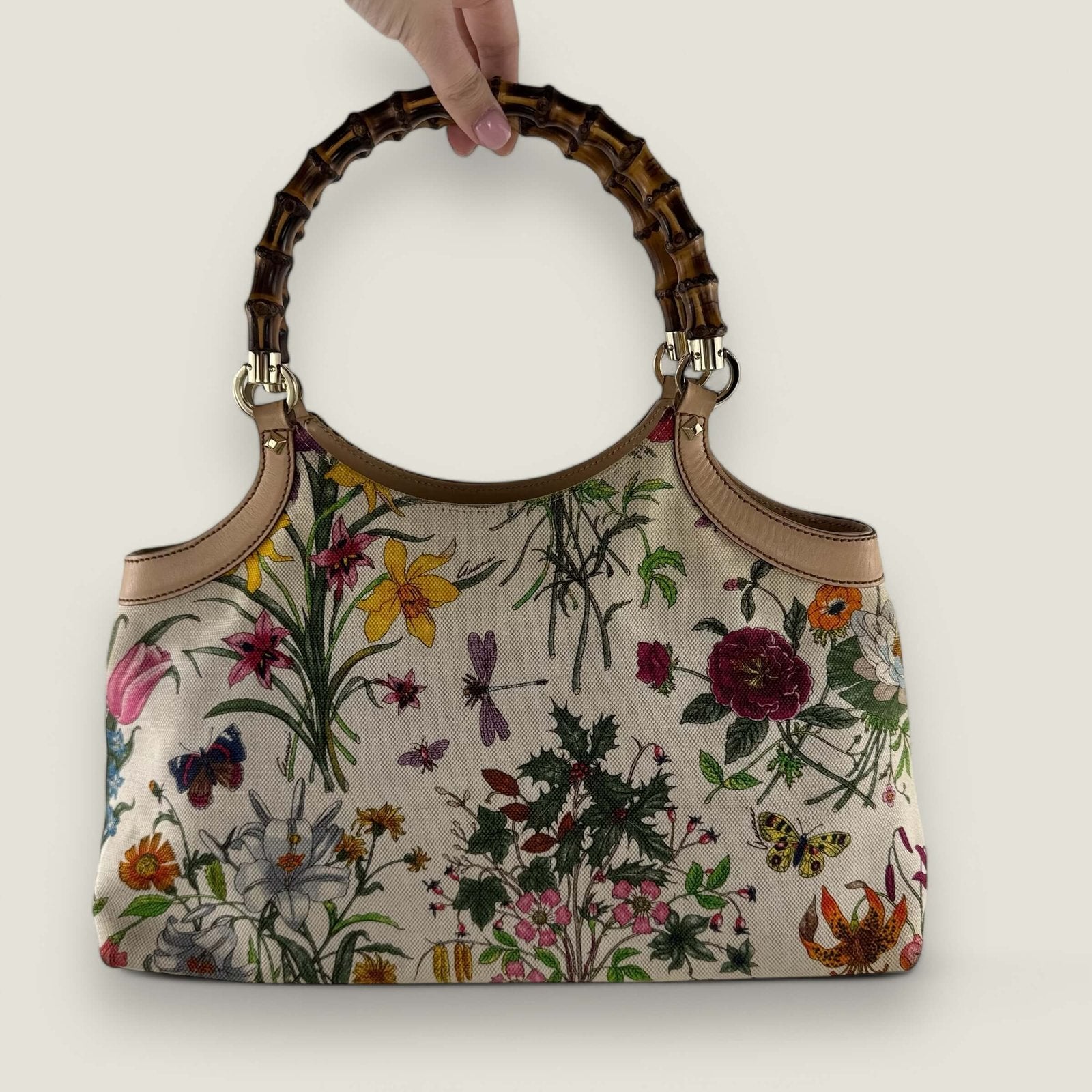 Gucci canvas flowers flora print bamboo handles