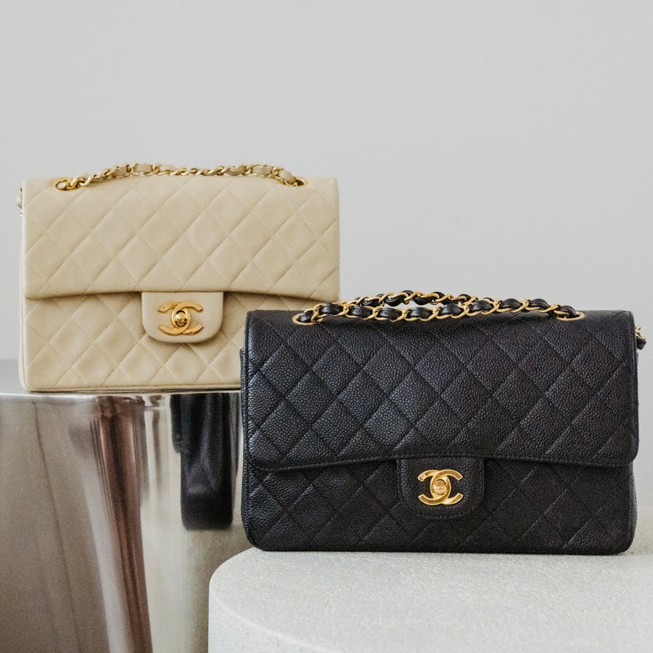 Pre-owned Chanel small classic flap beige lambskin and Chanel medium classic flap black caviar leather
