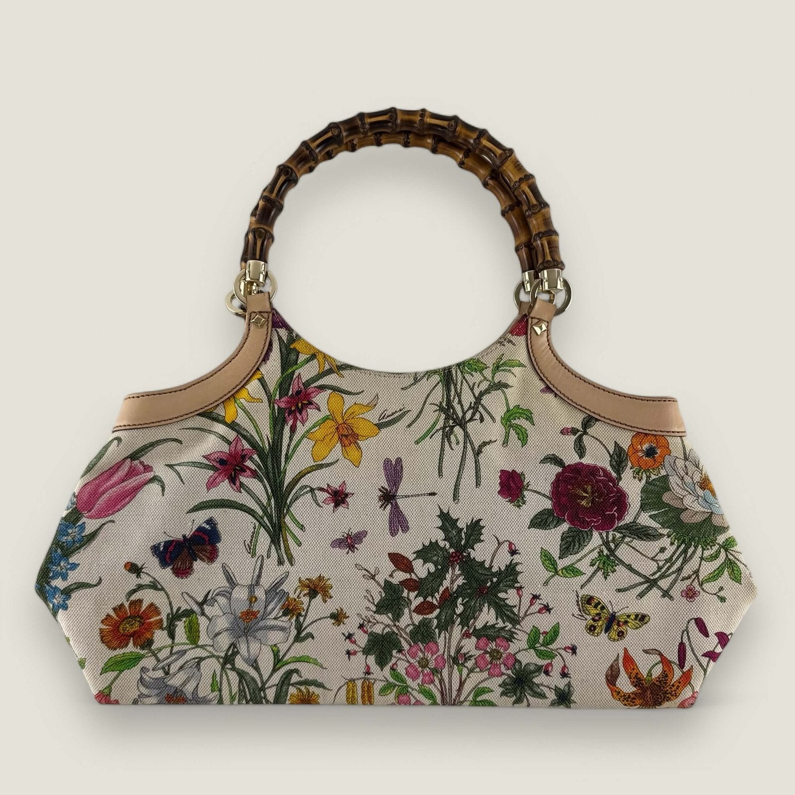 Pre-owned designer Gucci Bamboo floral print handbag.
