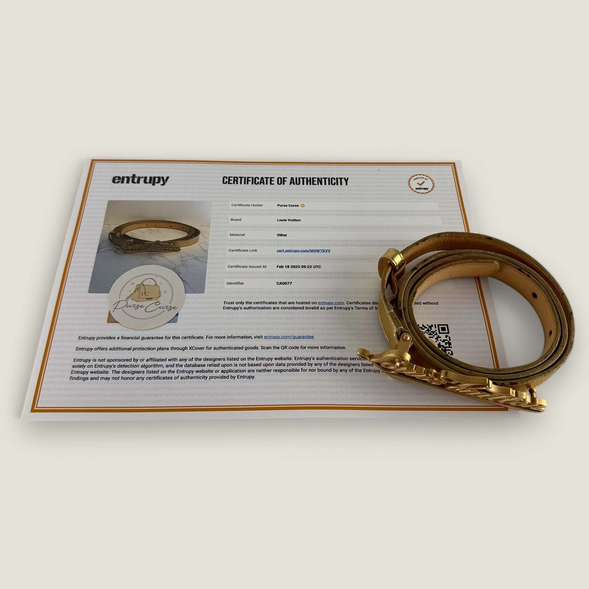 Pre-owned Louis Vuitton designer belt, gold-colored, with Entrupy certificate