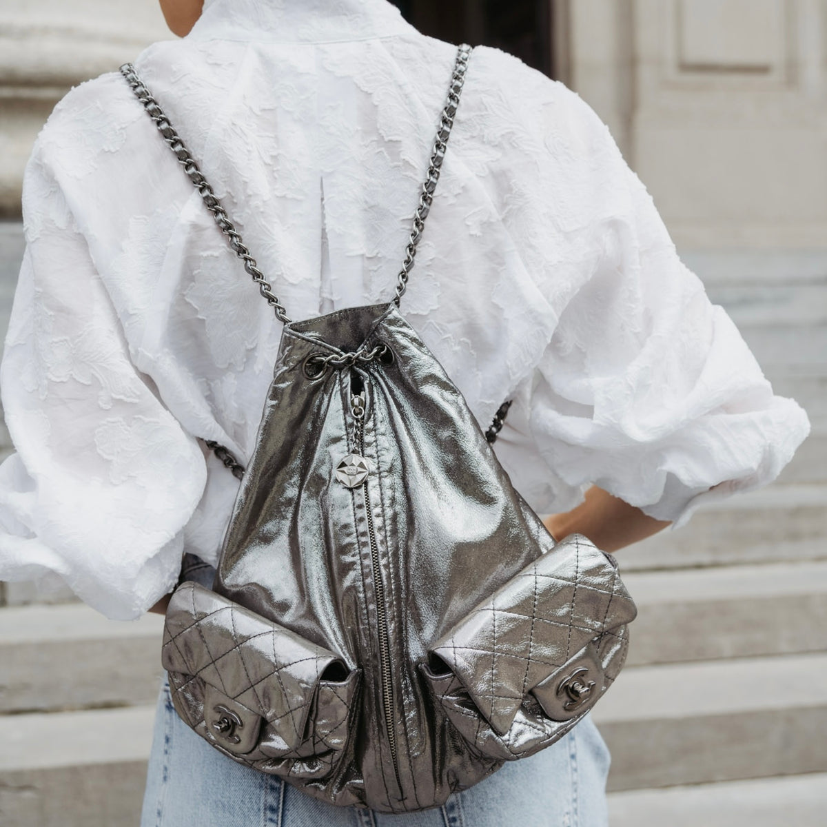 Pre-owned Chanel mini backpack metallic silver 2012