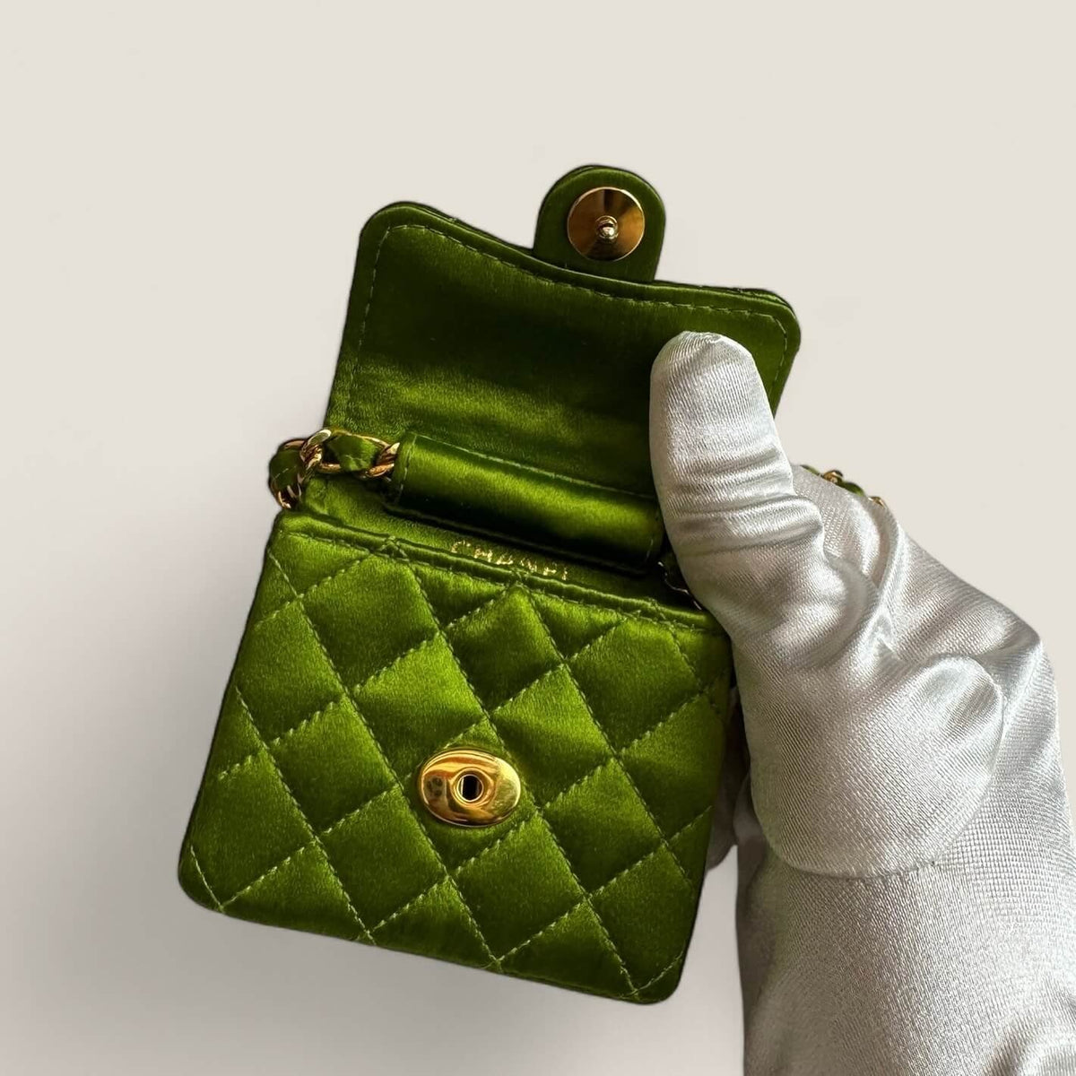 Vintage micro classic flap green satin gold hardware 90s