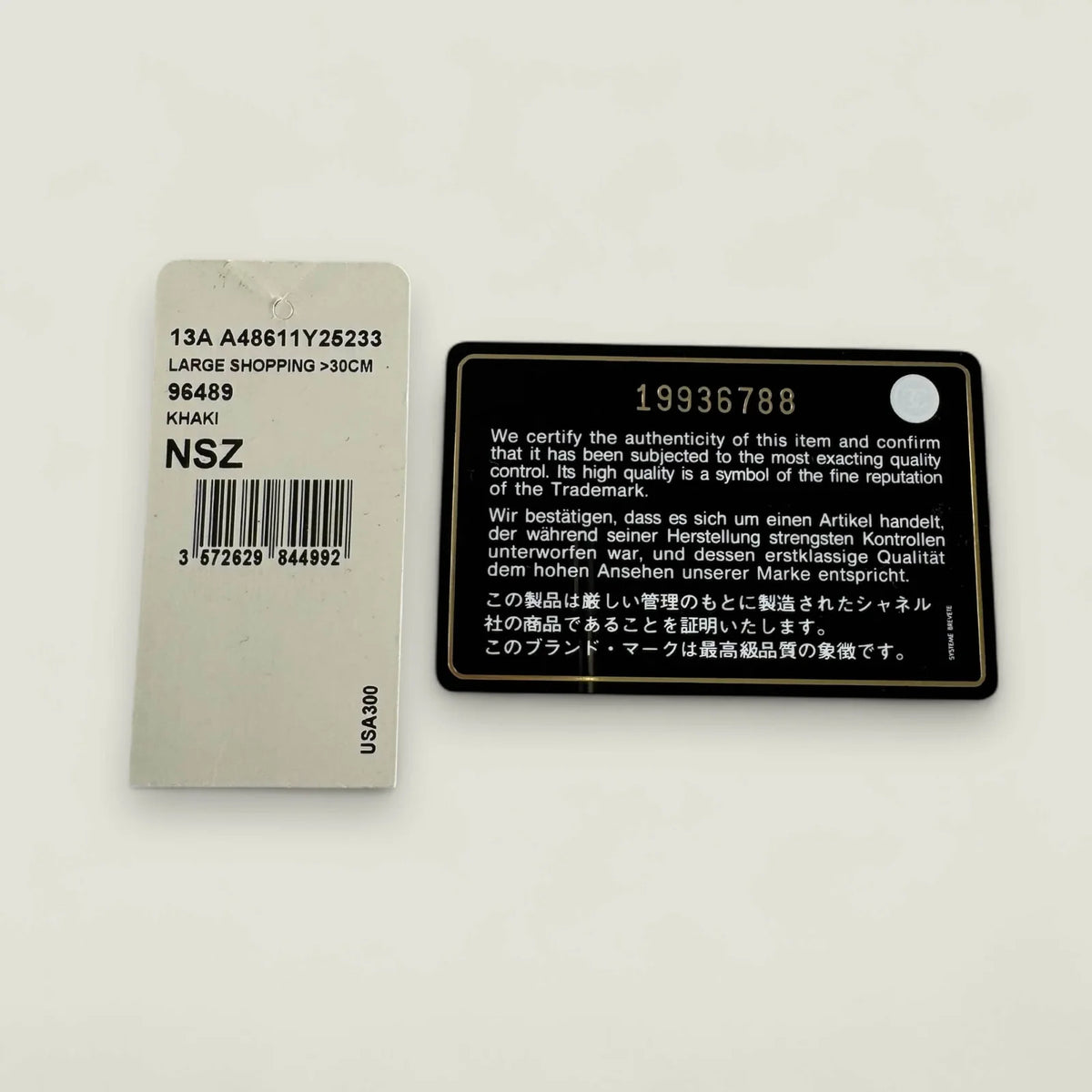 authenticity card and Chanel tag authentic bag
