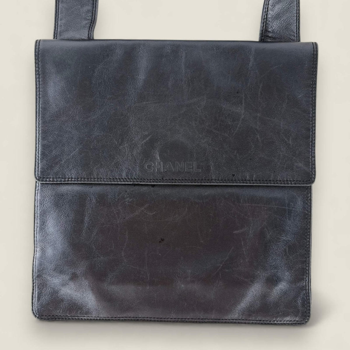chanel shoulder bag vintage black metallic leather front view